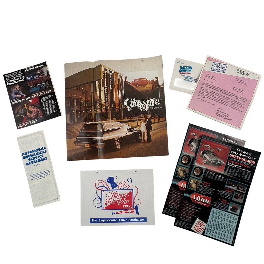 Automotive Ephemera Lot Vintage Datsun DeLorean Glasstite 70s 80s 90s Brochures